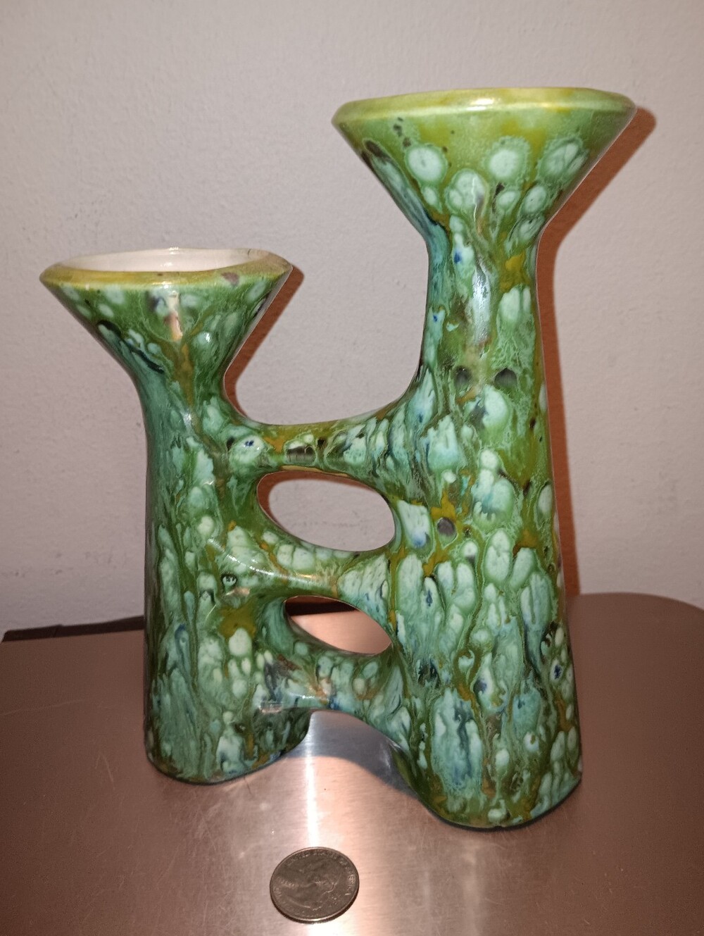 Vintage MCM Drip-Glaze Ceramic Double Candle Holder, Brutalist Art Pottery Style